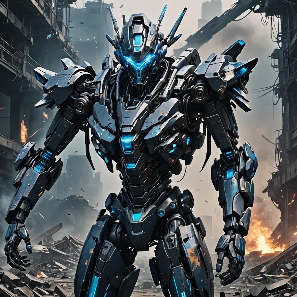 Anime Bio-Organic Mecha on Destroyed Battlefield