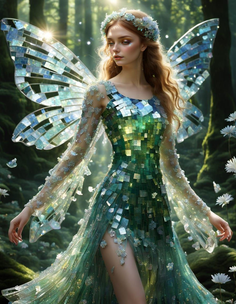 Fairy in Crystall Glass Mosaic Dress in Morning Forest