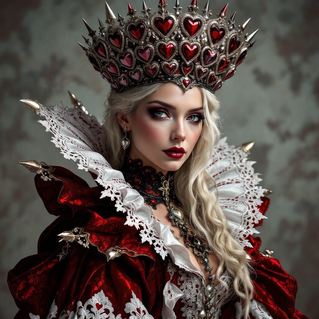 PROMPT: Lagertha as The Queen of Hearts from Alice in Wonderland, playing card design, detailed face and eyes, wearing a...