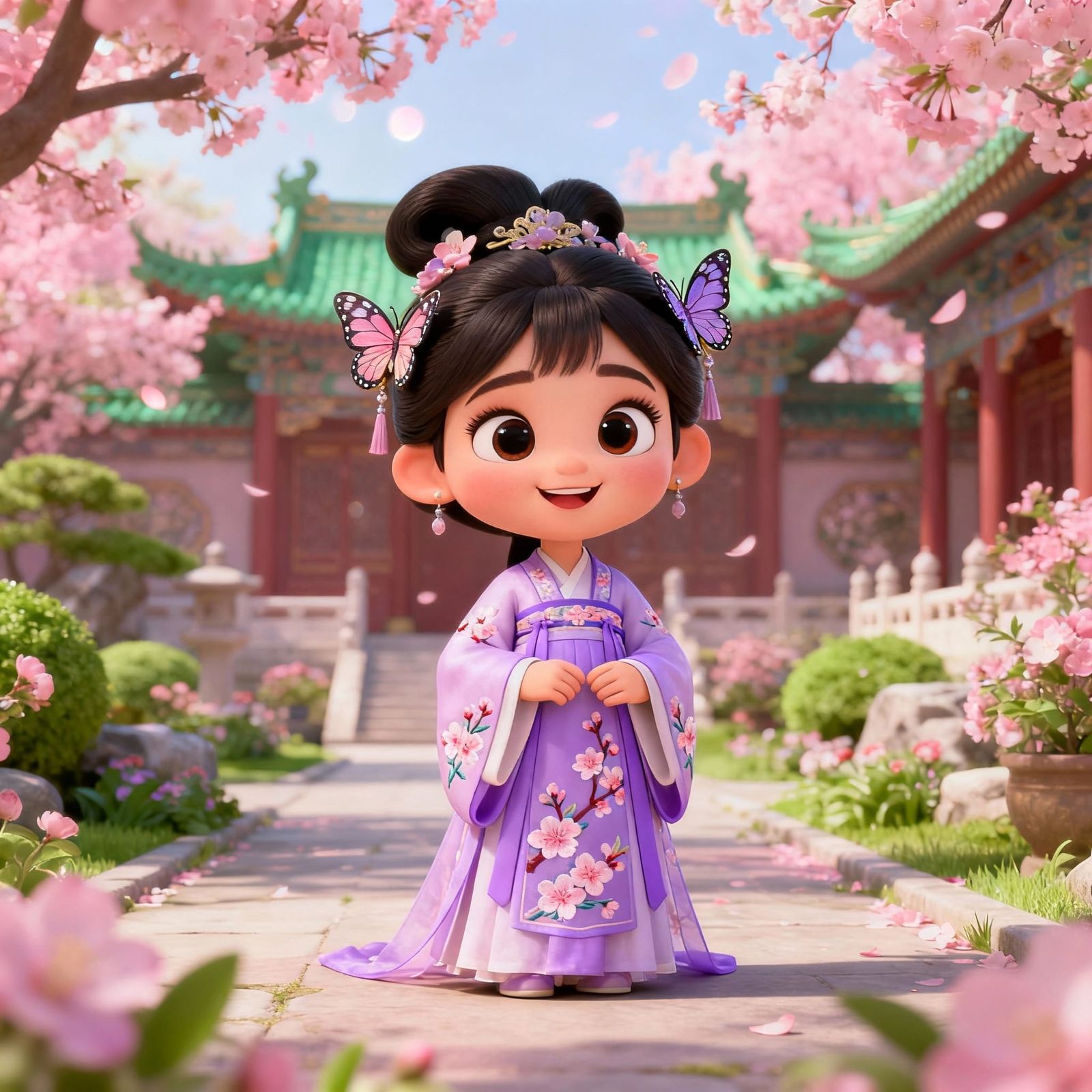 Cute Imperial Concubine in Blooming Garden, Pixar Style