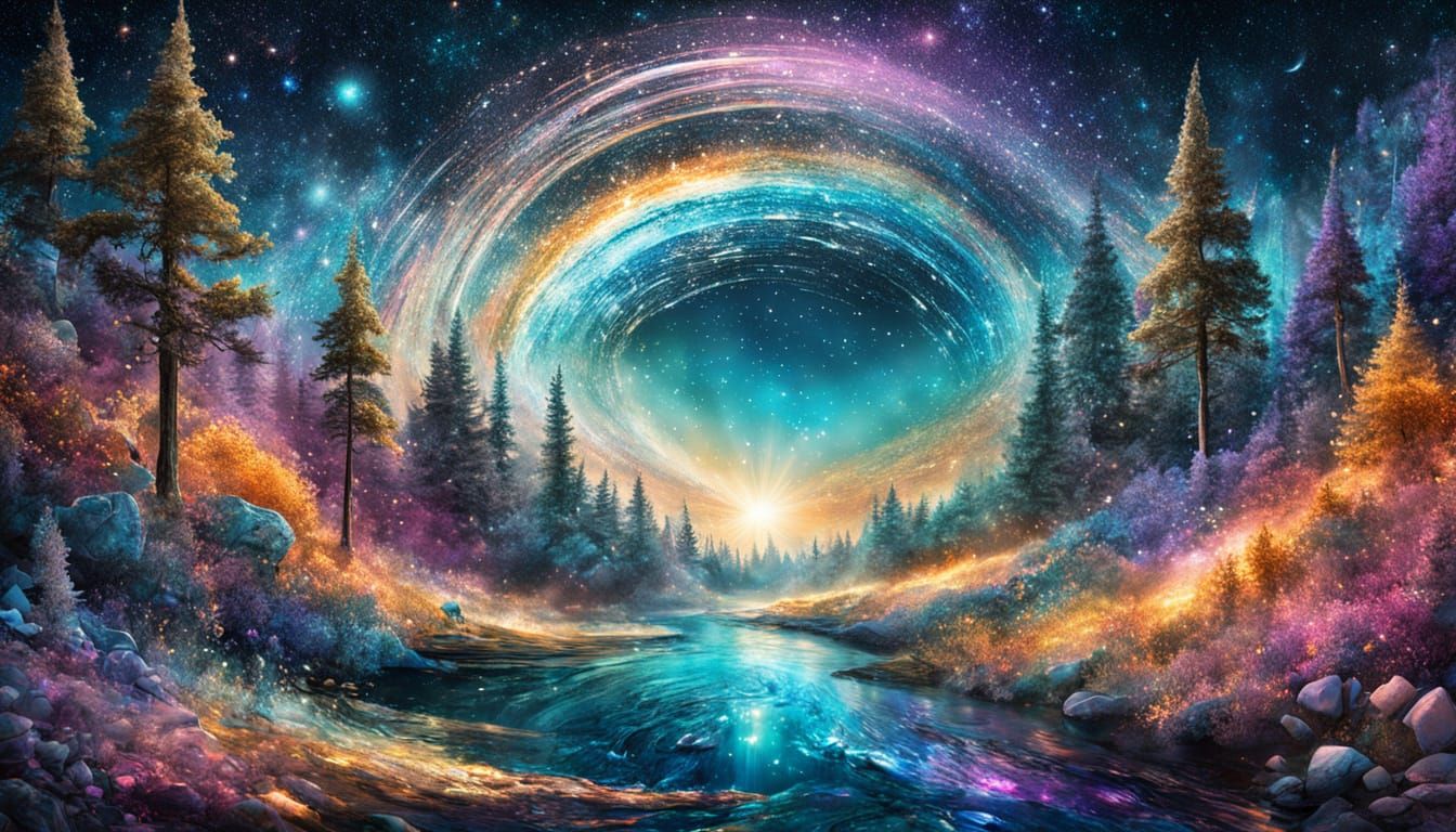 Rainbow Prism Forest Clearing in Mixed Media Style