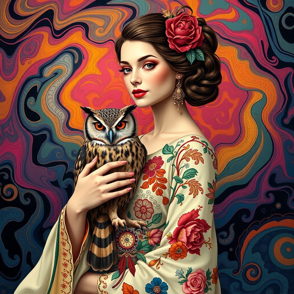 Woman with Owl in Abstract Expressionist Style