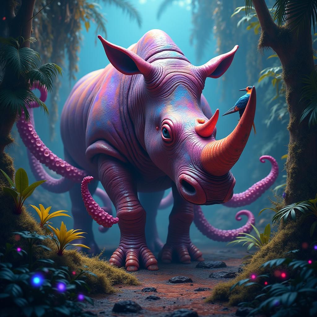 Rhino-Octopus-Toucan Hybrid in Mystical Jungle