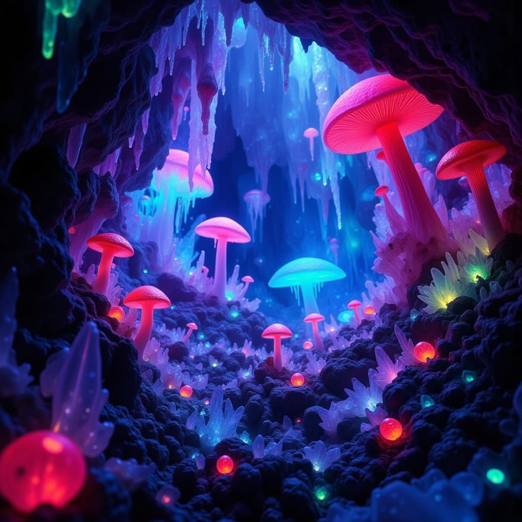 Lamb Wanders in a Bioluminescent Crystal Mushroom Cave