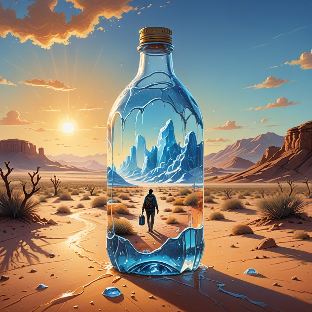 Desert Trek to Giant Water Bottle in Oil Painting Style