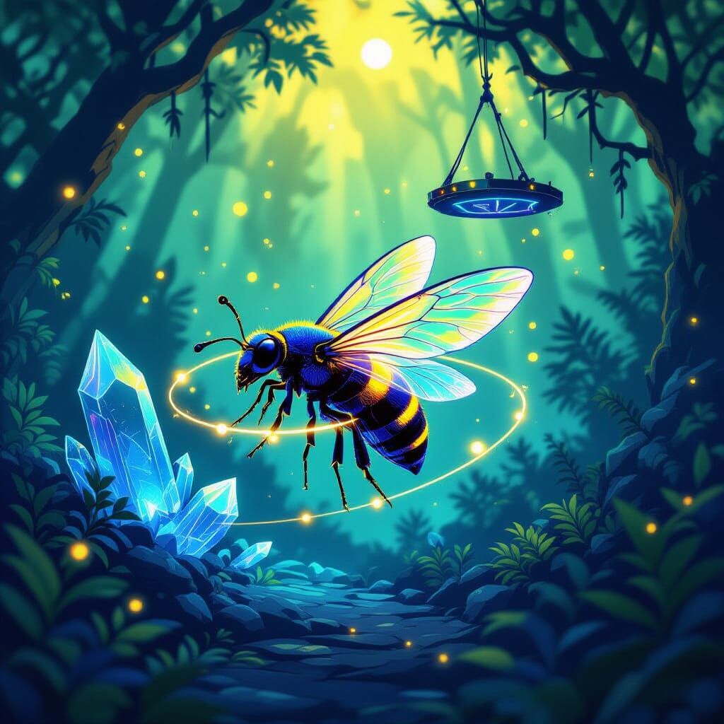 Holographic Firefly Beetle in Neon Forest