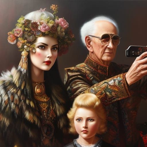 Humorous Selfie with Grandparents as Hyperrealistic Oil Pain...