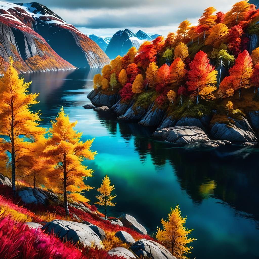 Autumn Fjord: Alcohol Ink Painting in Rich Colors