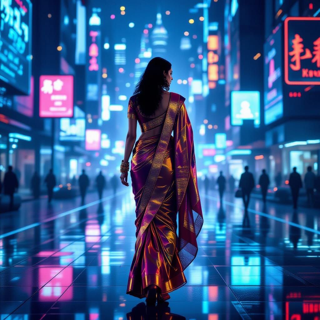 Indian Woman in Sari Walking Through Futuristic Cityscape