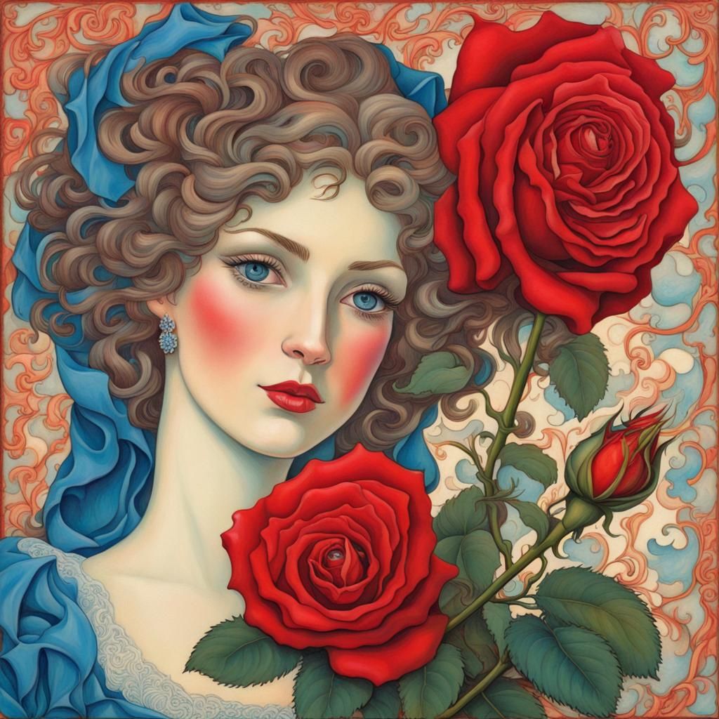 Red Rose with Blue-Eyed Woman in Art Nouveau Style