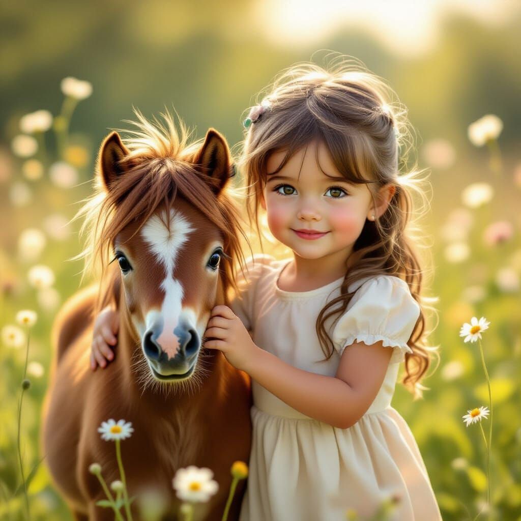 Whimsical Girl Leads Pony Through Meadow