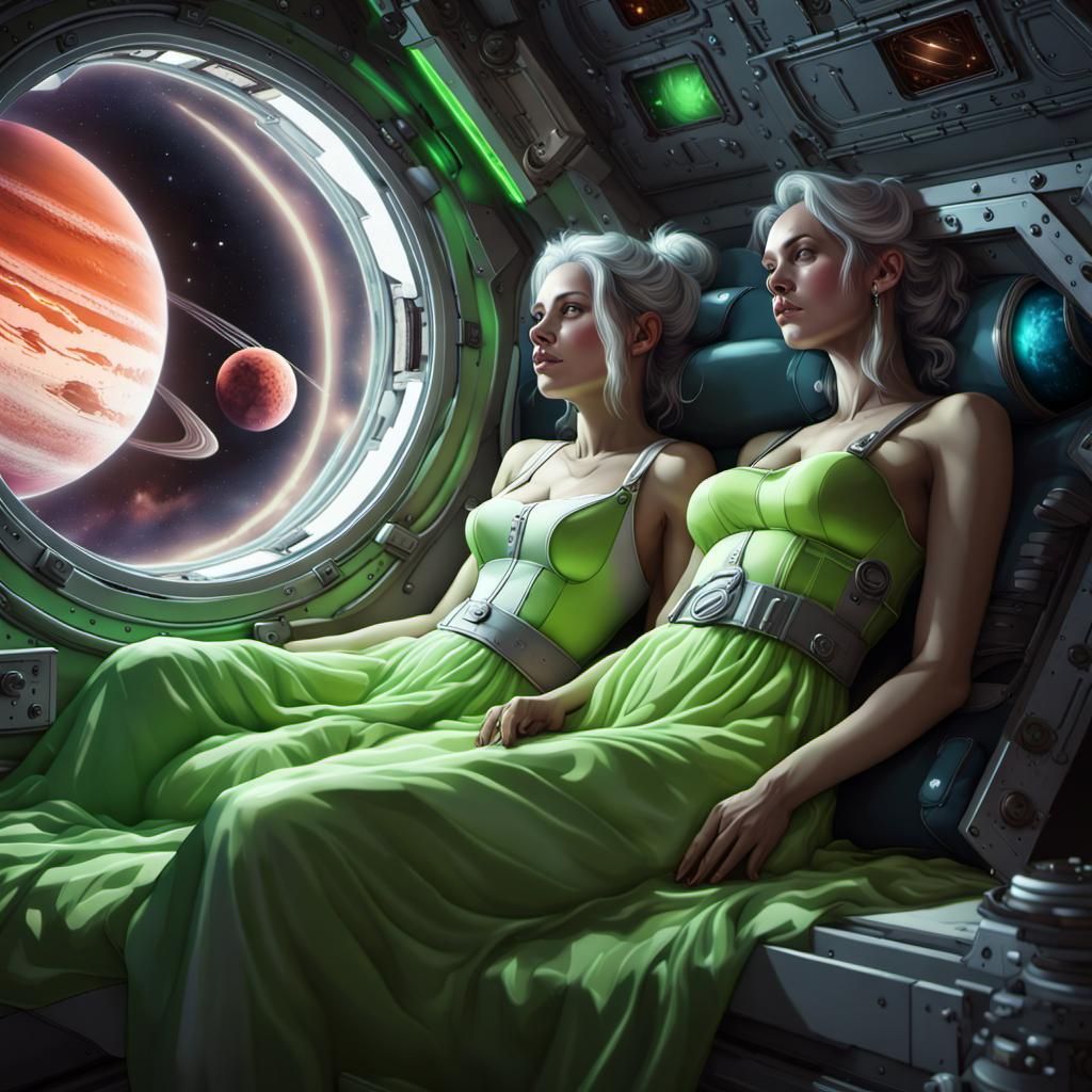 Gothic Women in Neon Space Station, Dark Fantasy Art