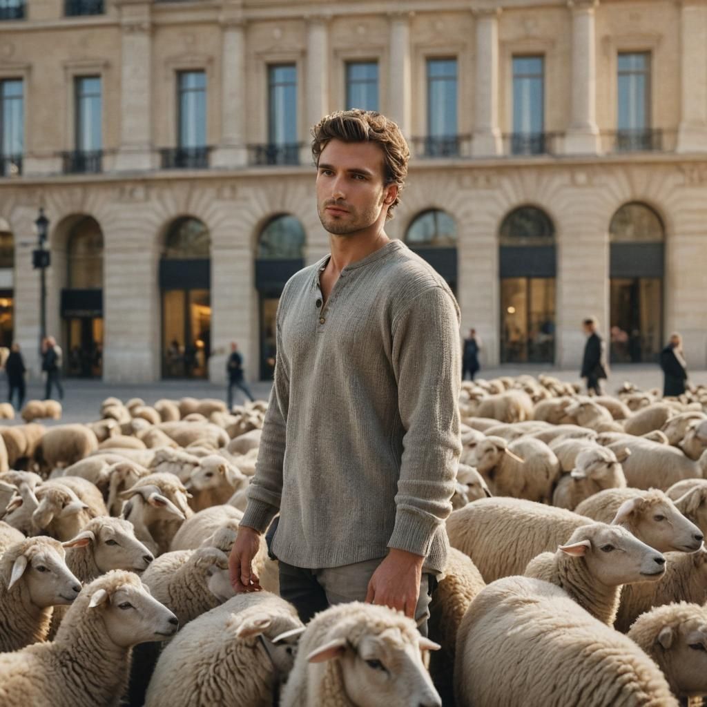 Model with Sheep in Paris: Cinematic Film Still