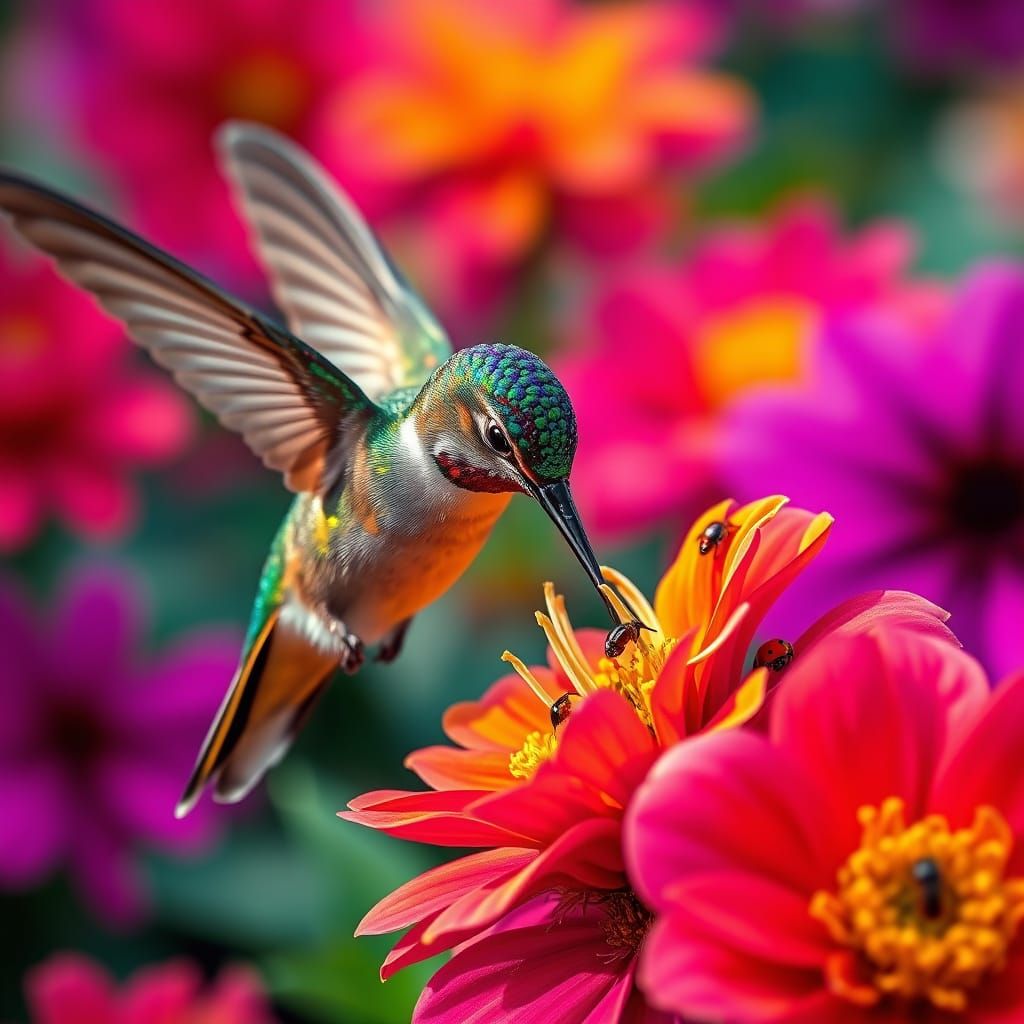 Hummingbird with Iridescent Feathers Drinking Nectar as Spla...