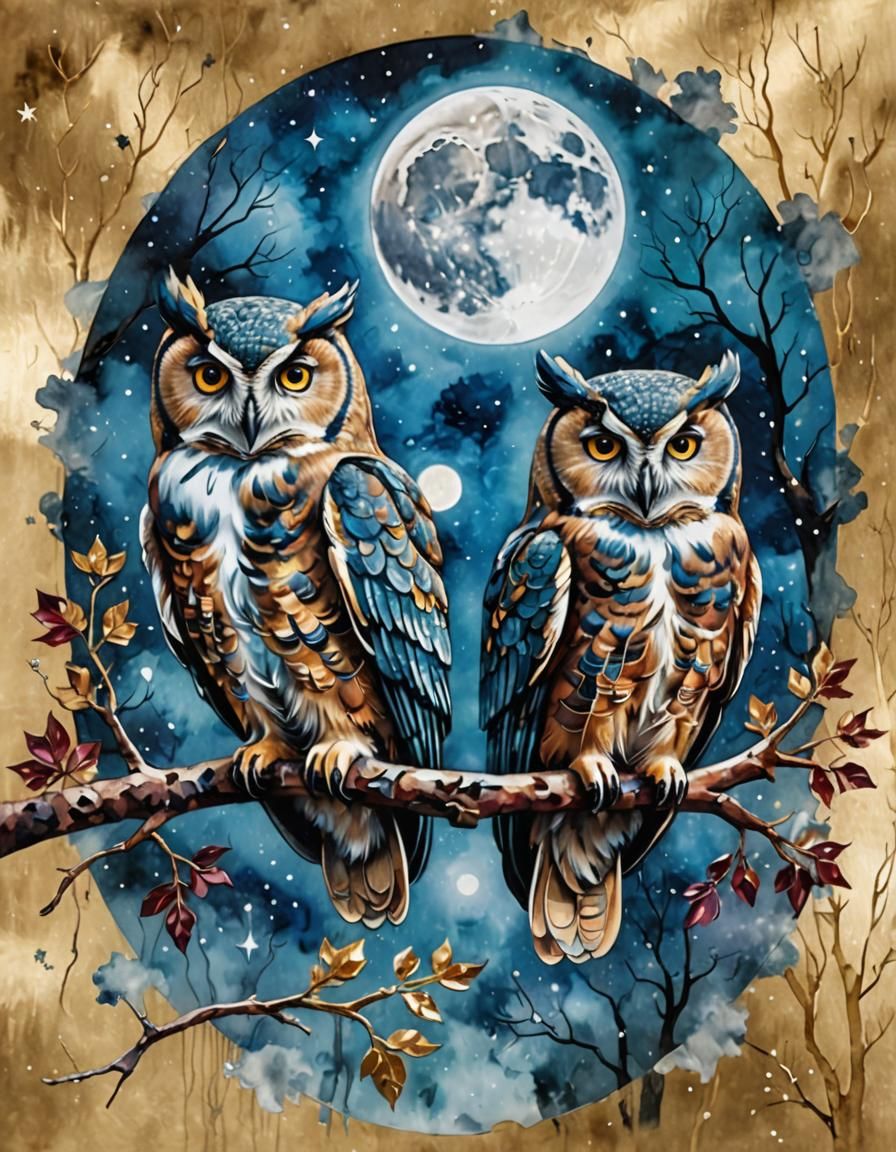 Owls in Double Exposure: Gouache and Watercolor Style