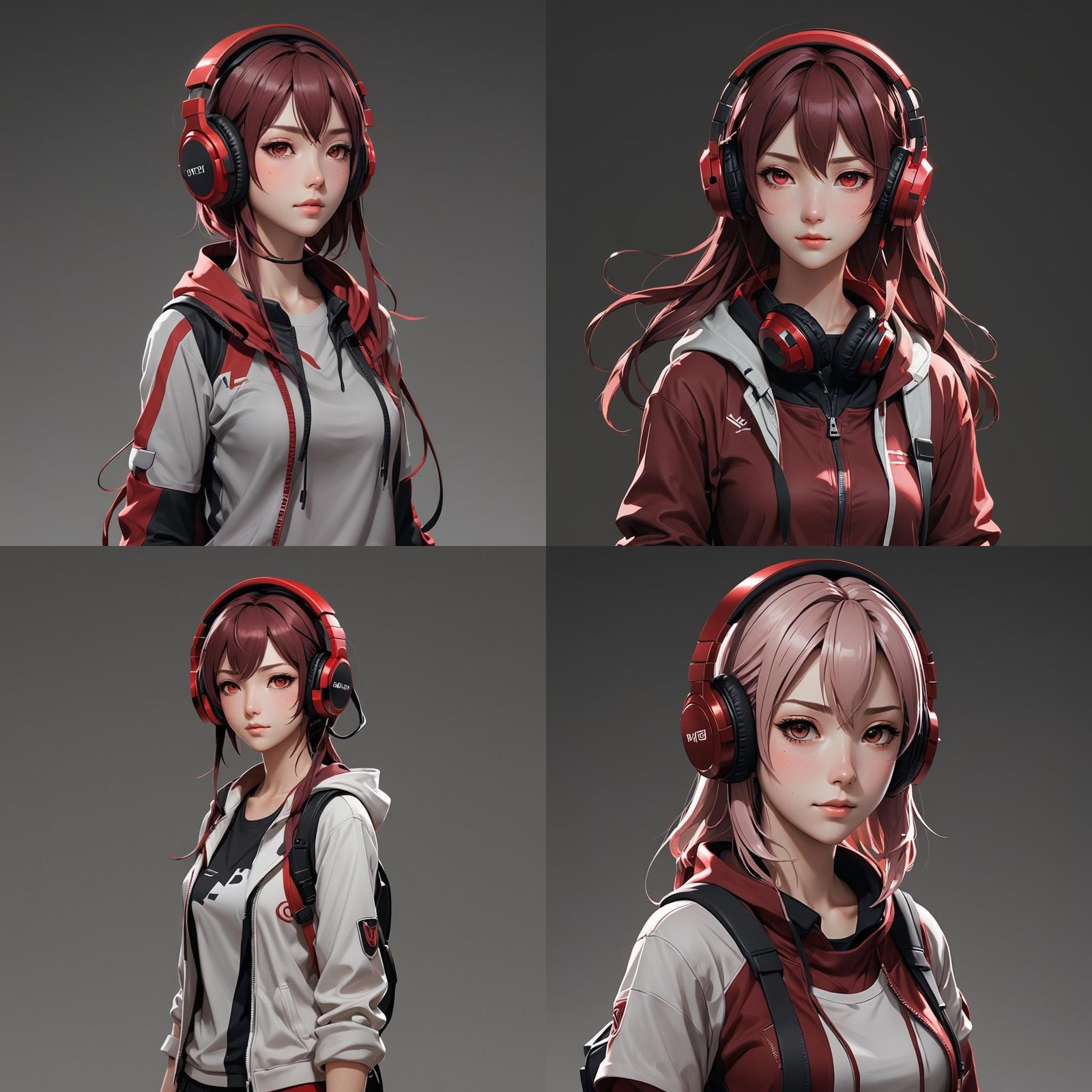 Anime Girl with Headphones in Dark Red Style