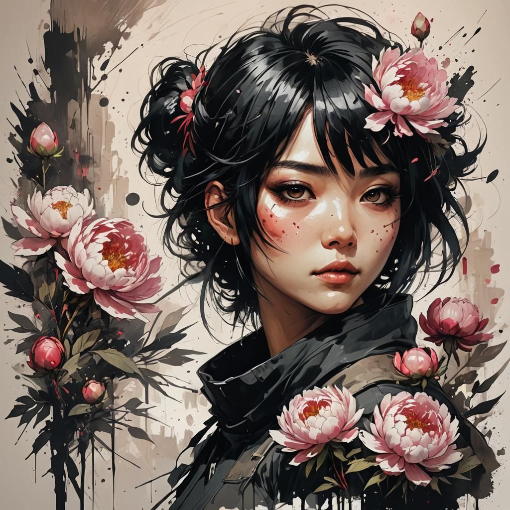 Peony Girl Portrait in Anime Ink Drip Style