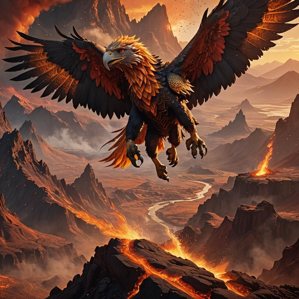Pyraquill Griffin Soaring Through Volcanic Landscape