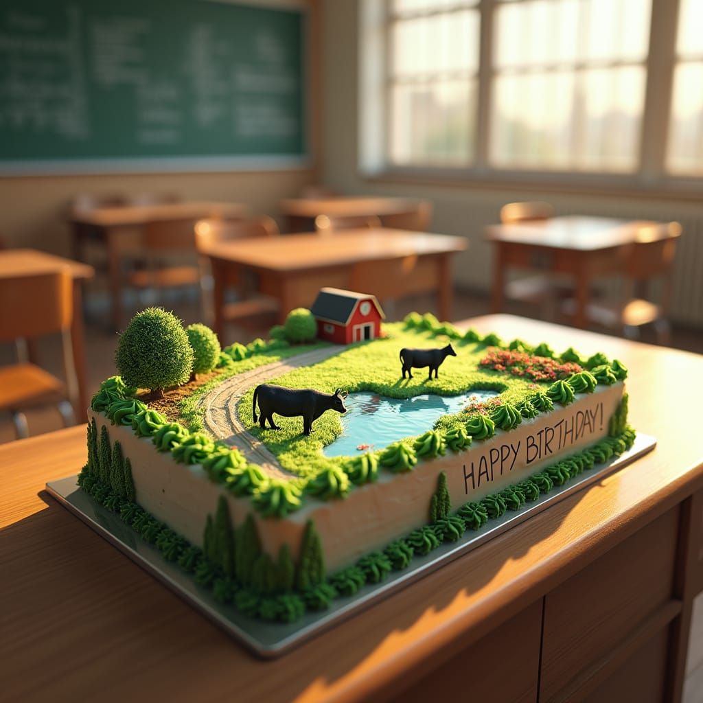 Pasture Birthday Cake with Barn and Angus Cows