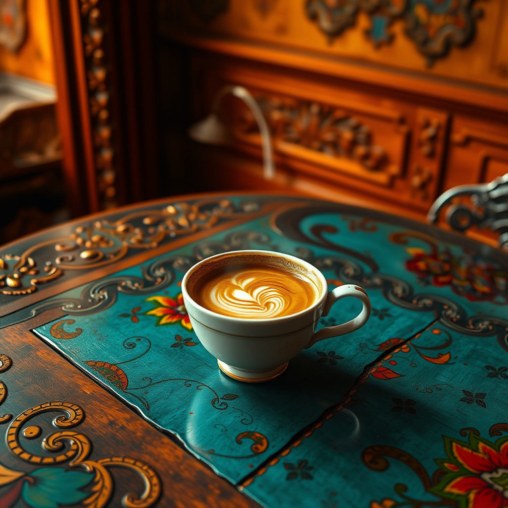 Coffee Cup on Antique Table: Fantasy Concept Art