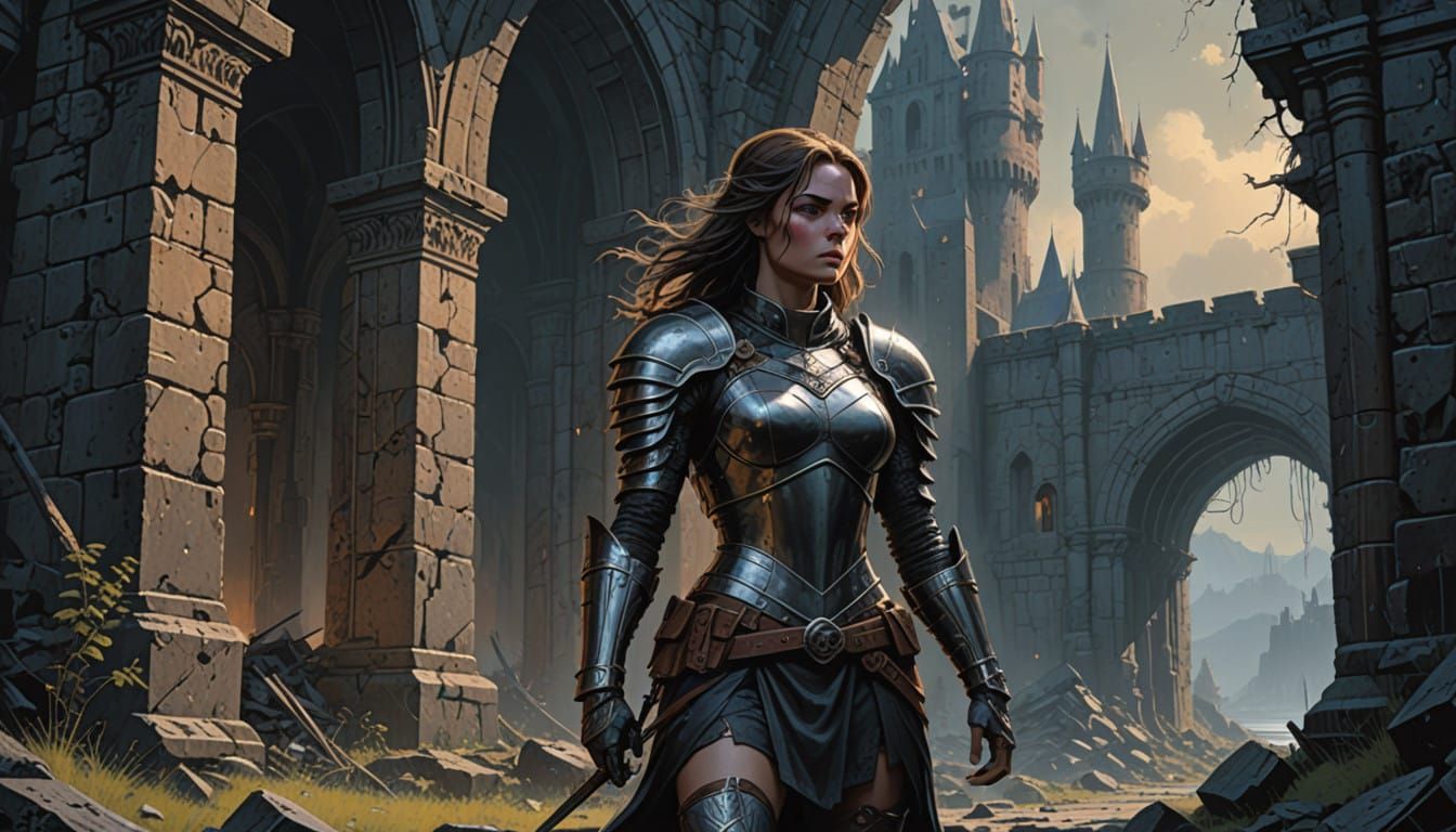 Regal Dark Fantasy Warrior Princess in Crumbling Castle Ruin...