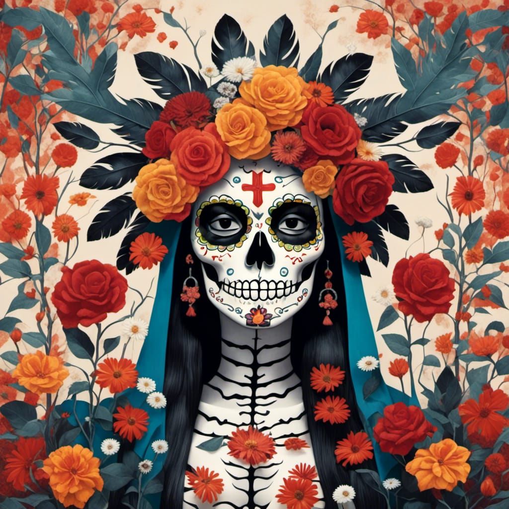 <lora:DDM 1:1.0> Santa Muerte   in  a sugar skull garden