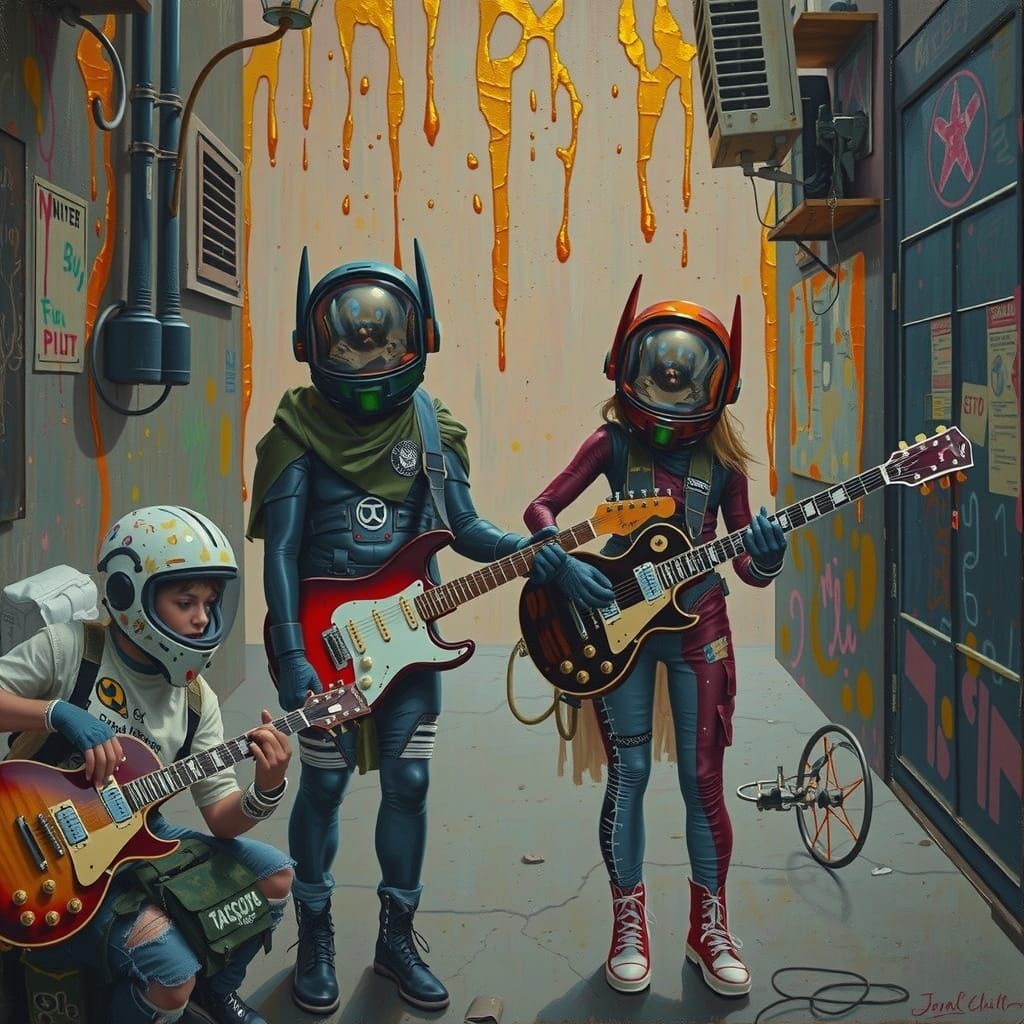 Post-Apocalyptic LA Alley with Guitarists in Surrealist Styl...