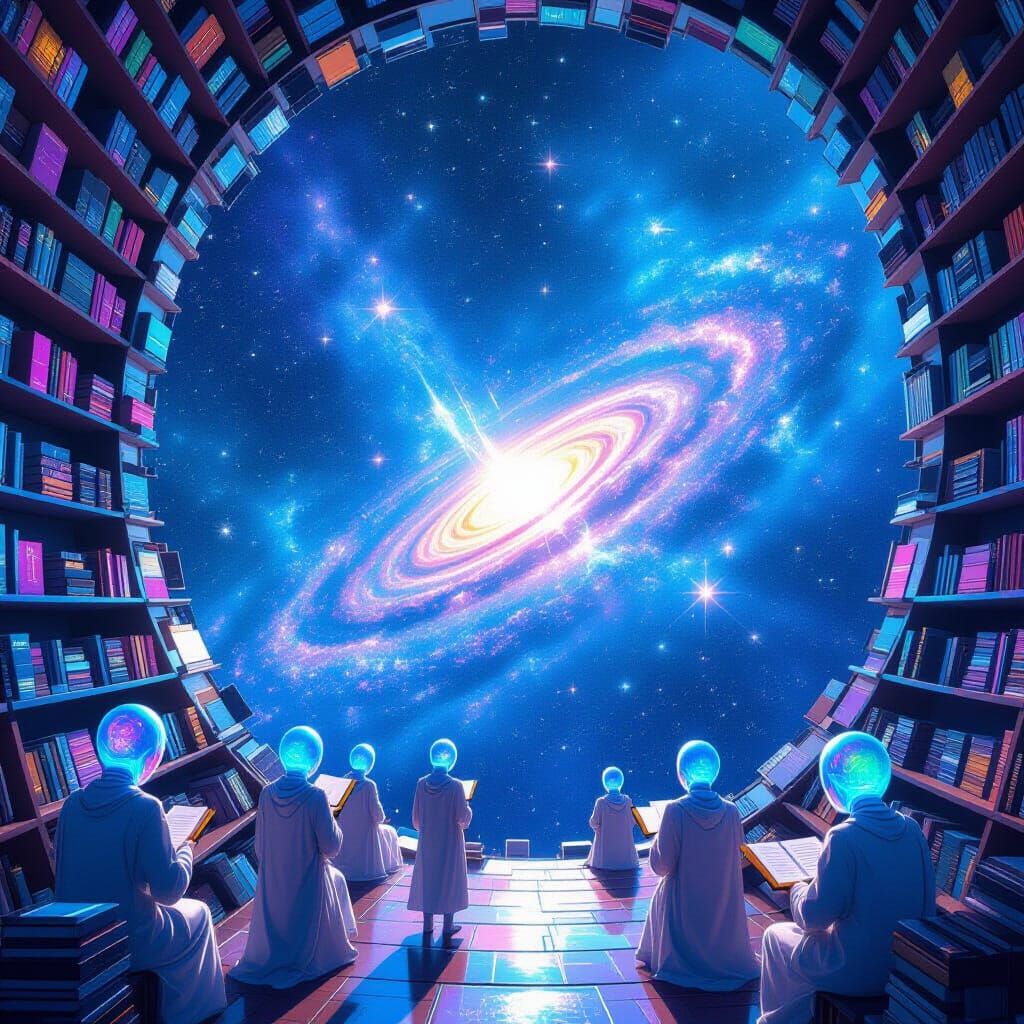 Cosmic Library Orbiting a Radiant Blue Star