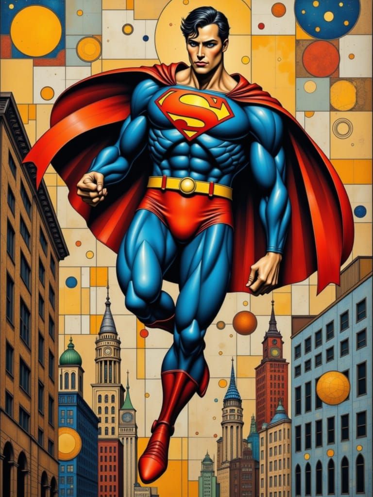 Superman Flies Through Metropolis in Comic Book Style