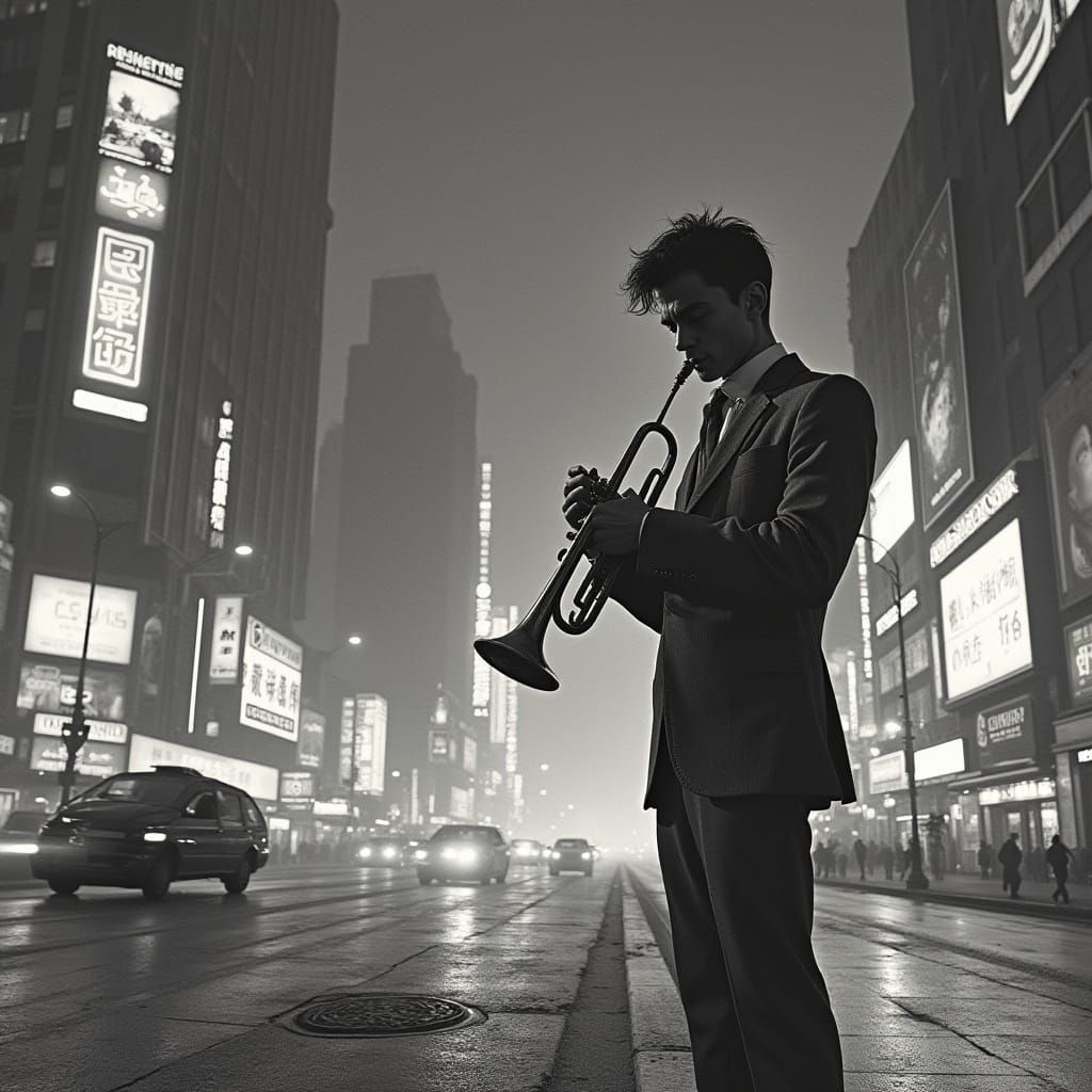 Cyberpunk Trumpet Player in Futuristic Metropolis