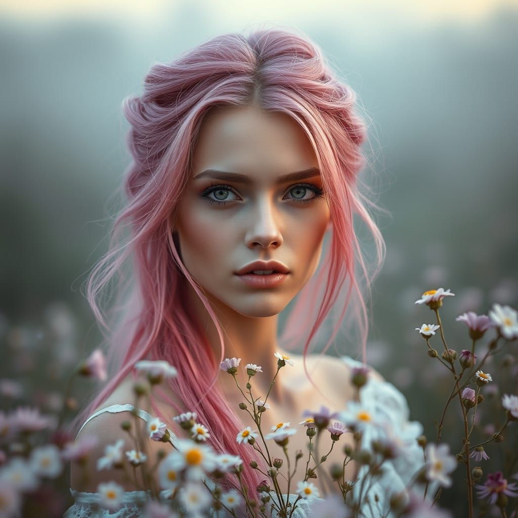 Ethereal Portrait of Ciri in Whimsical Countryside