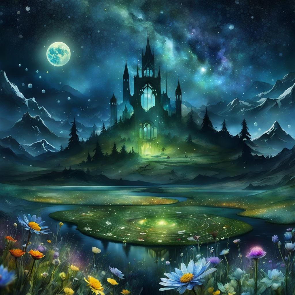 Surreal Flower Meadow Landscape in Watercolor Style