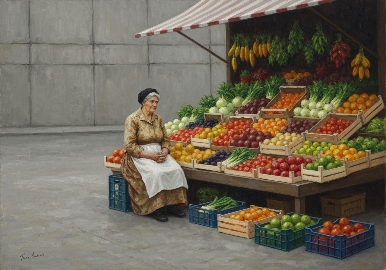 Vibrant Lady at Fruit Stall: Rococo Impressionism