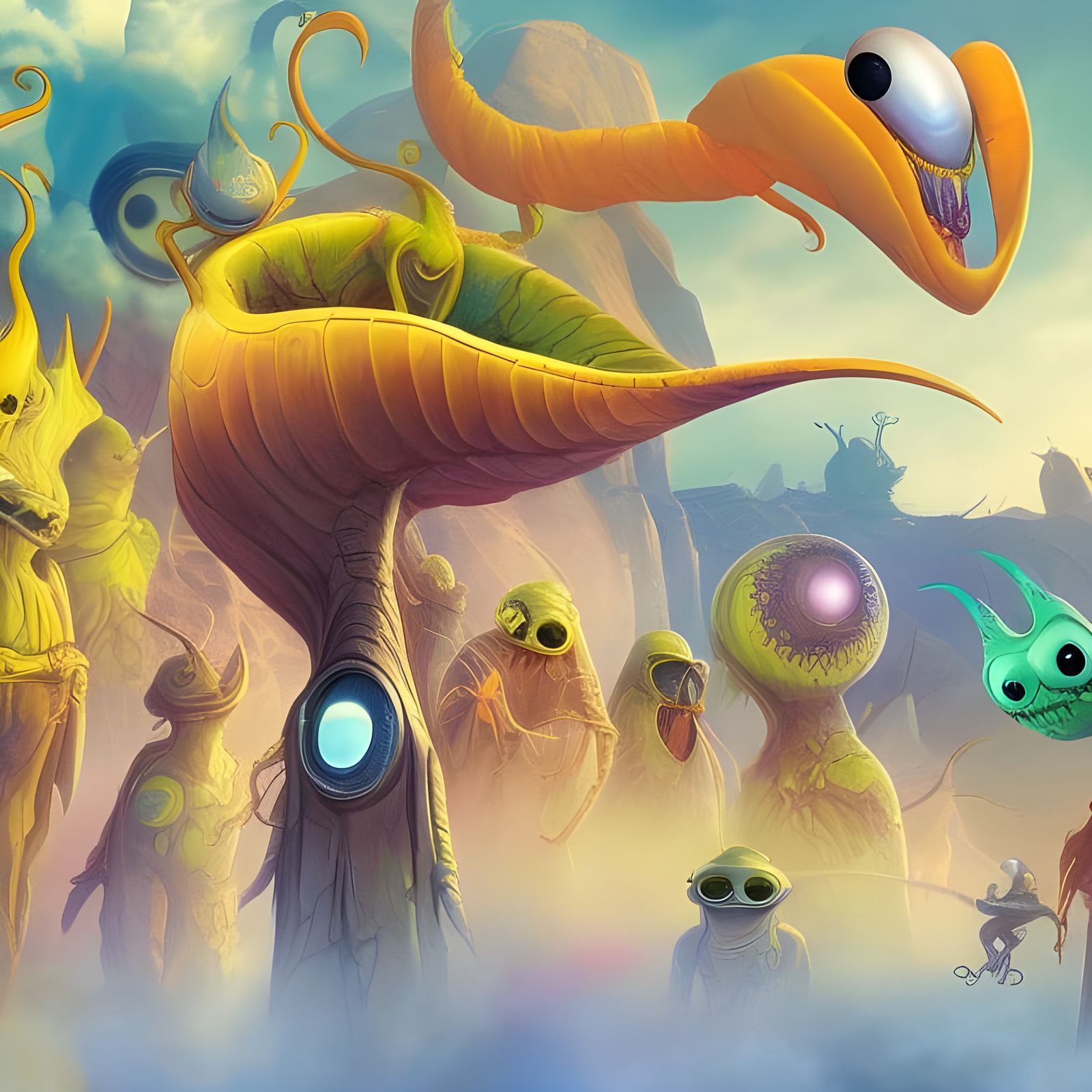 Alien Party with Slug and Bird in 3D Render