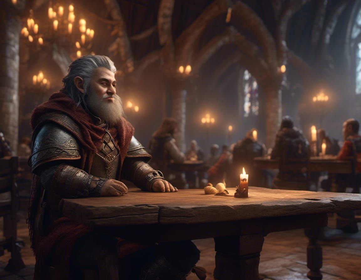 A halfling medieval guild master sitting at a table in the g...