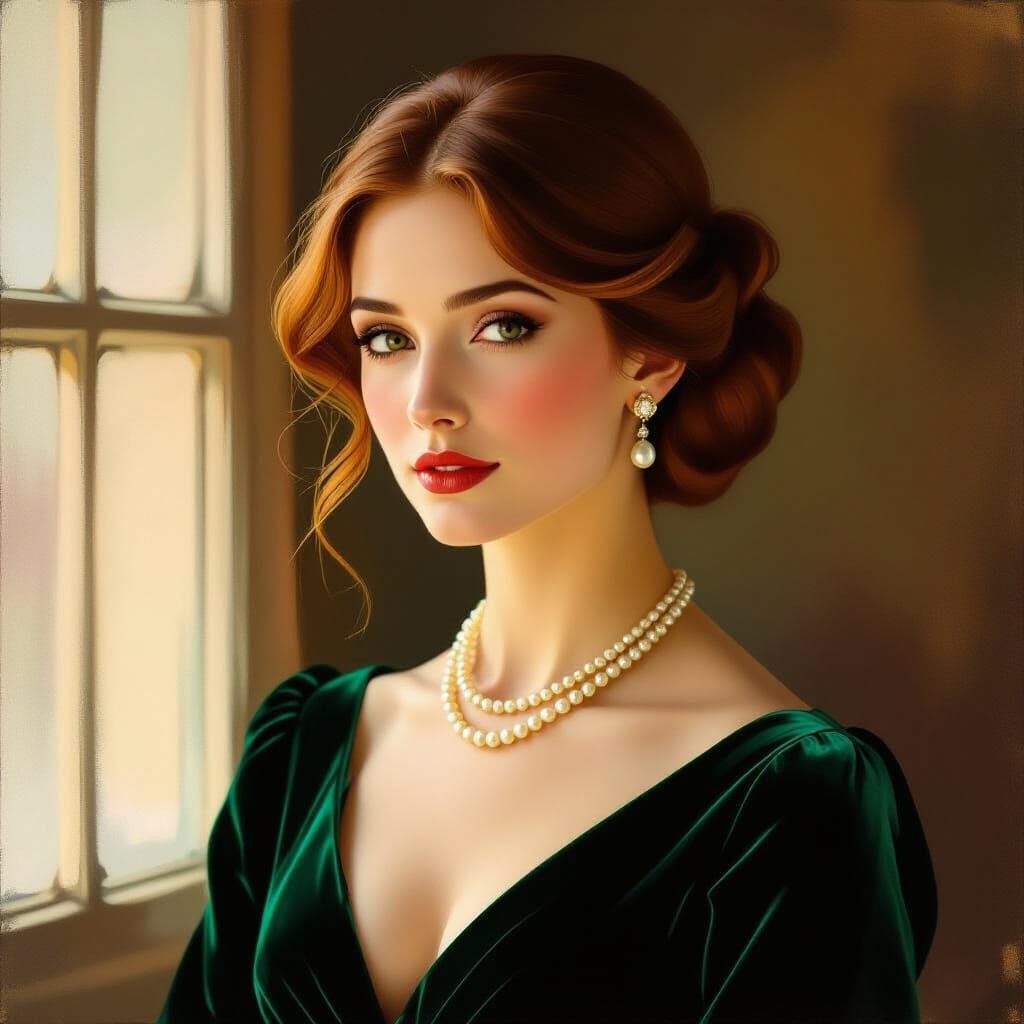 Elegant Lady in Emerald Gown, Impressionistic Oil Painting