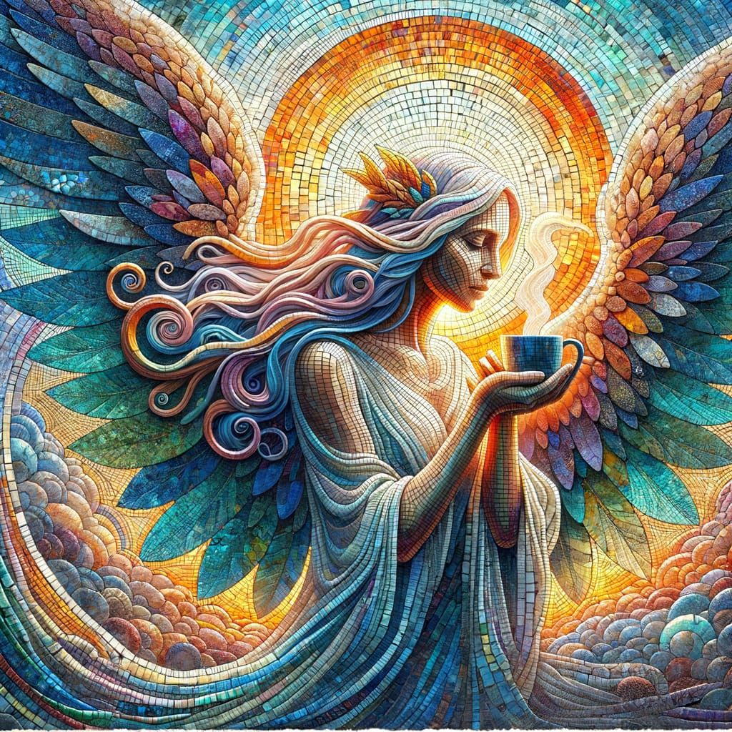 Mosaic Angel Drinking Coffee in Morning Light