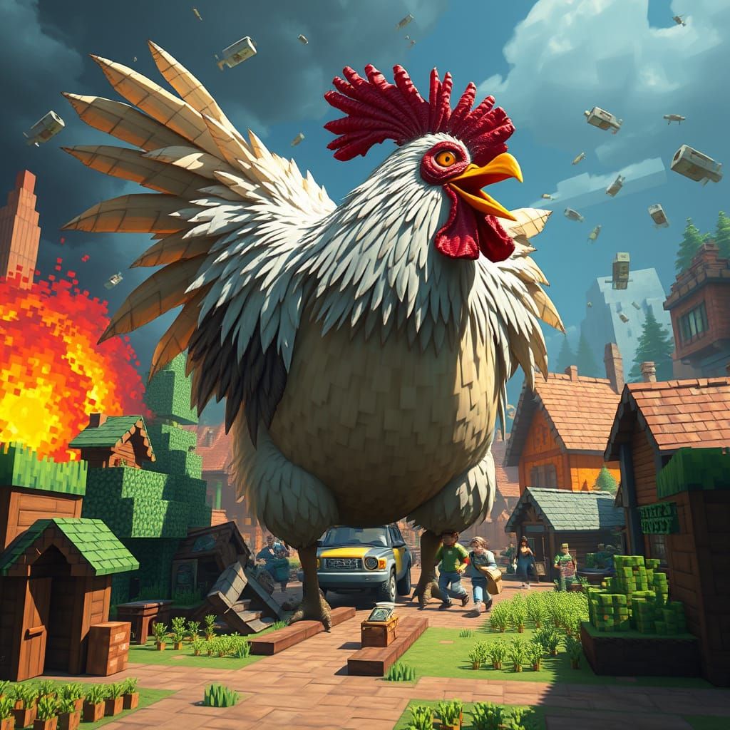 Giant Chicken Rampages Minecraft Village in Digital Art Styl...