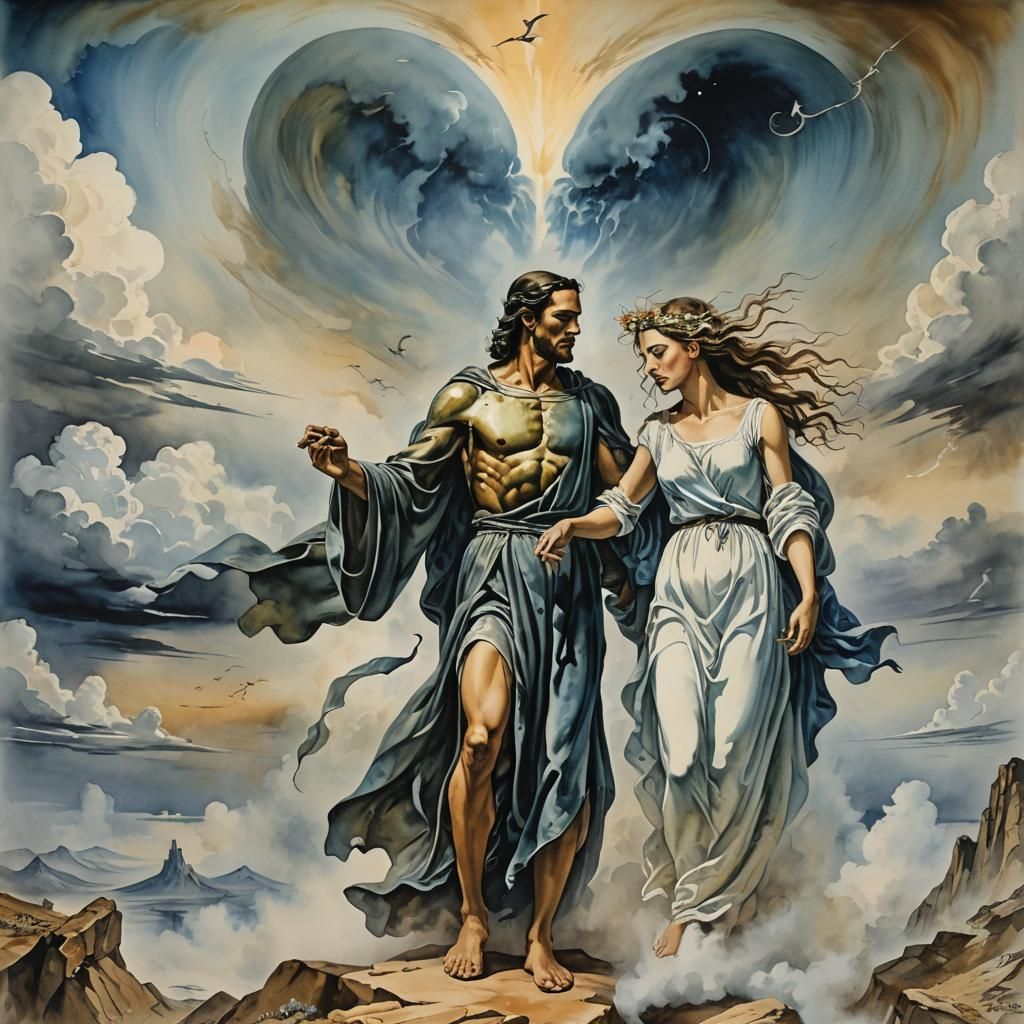Cursed Lovers Fleeing Divine Wrath: Surreal Watercolor
