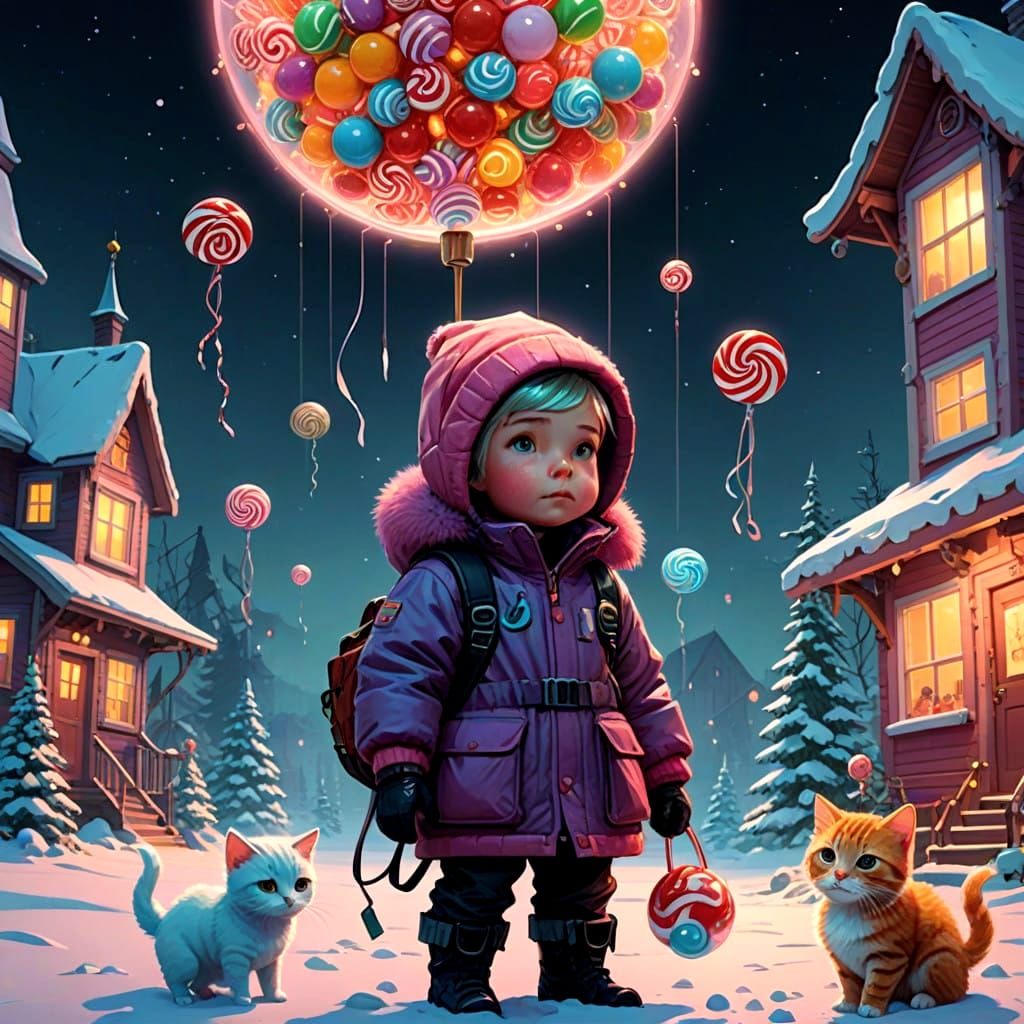 Glowing Glass Fairy Plays with Kittens in Colorful Christmas...