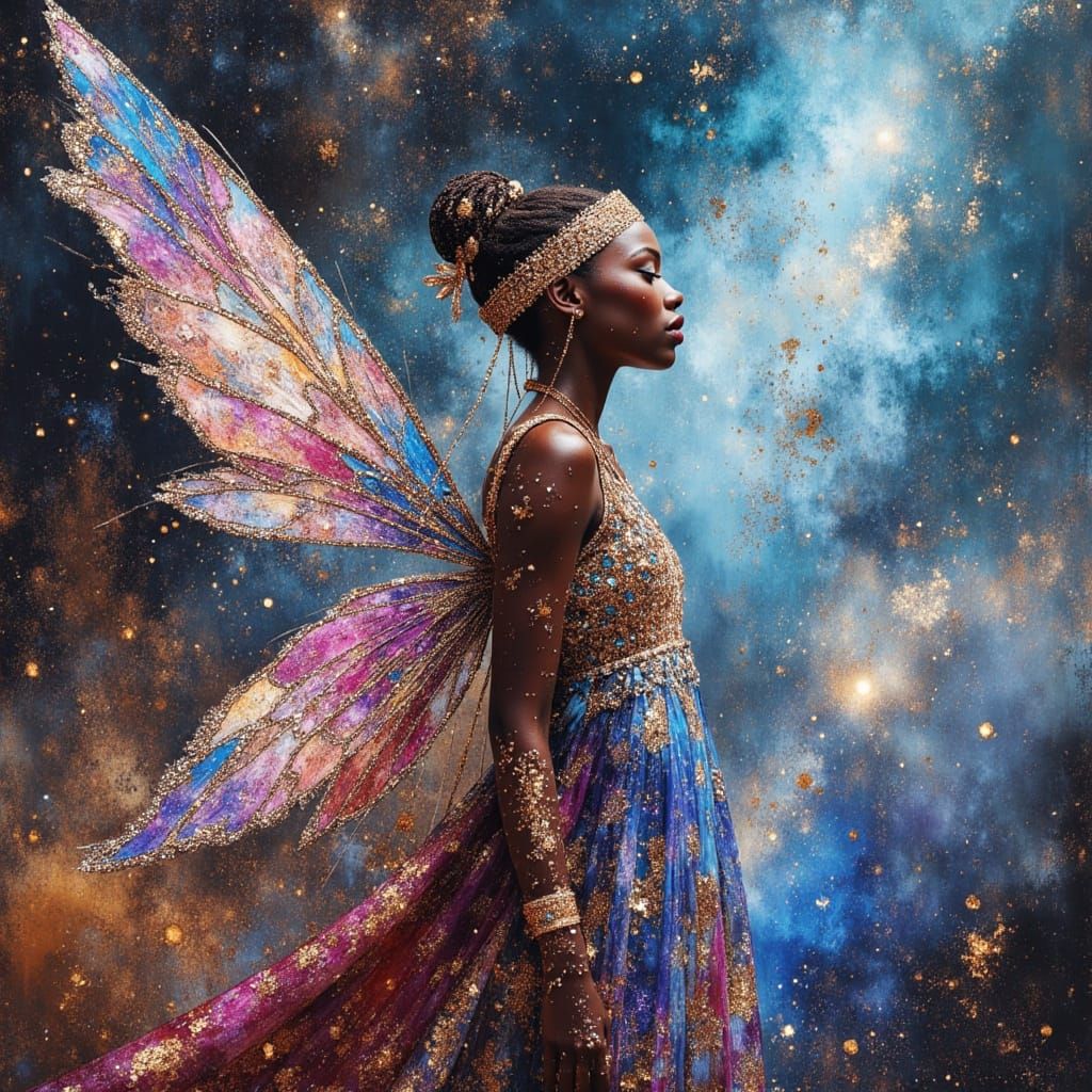 African Fairy Goddess in Cyberpunk City