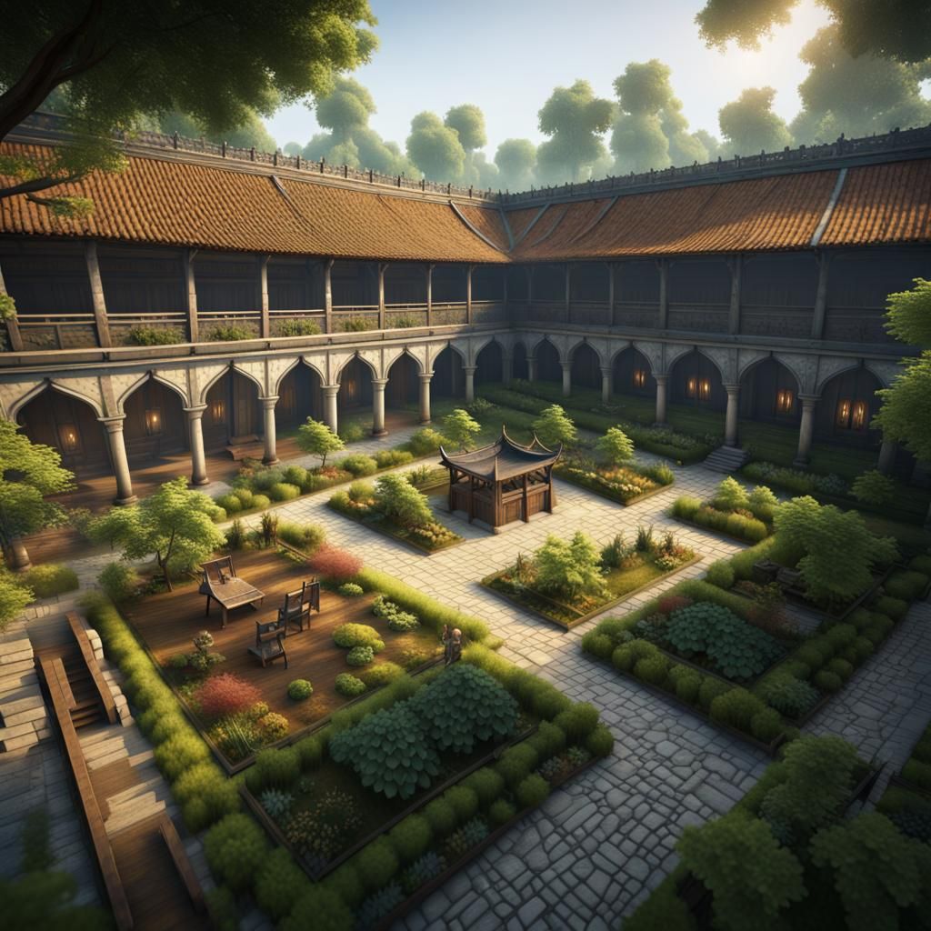 Asian Cloister Surrounded by Nature in 3D Style