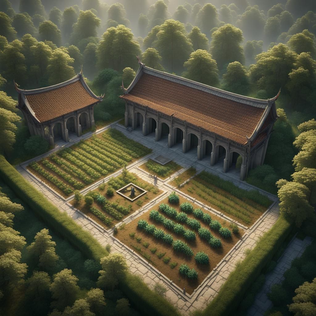 Asian Cloister Amidst Gardens in 3D Cinematic Style