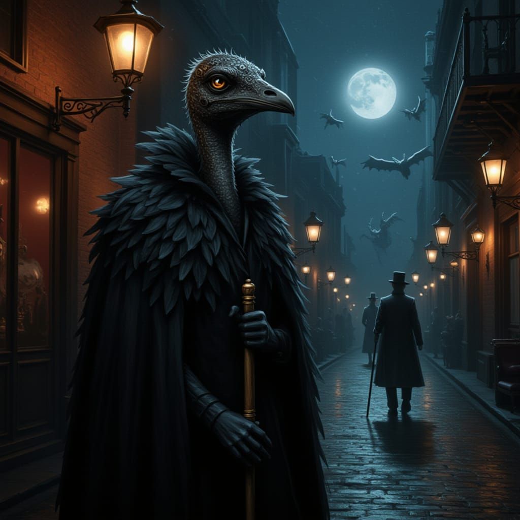 Emu Plague Doctor on Cobblestone Street