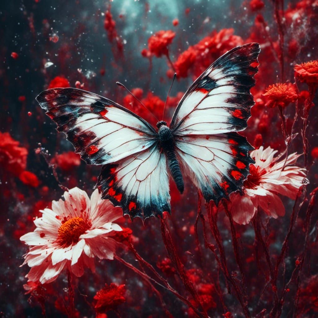 White Butterfly on Red Flowers in Hyperrealistic Style