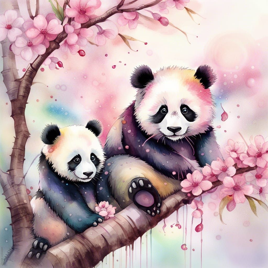 Rainbow Pandas in Cherry Tree: Watercolor Masterpiece