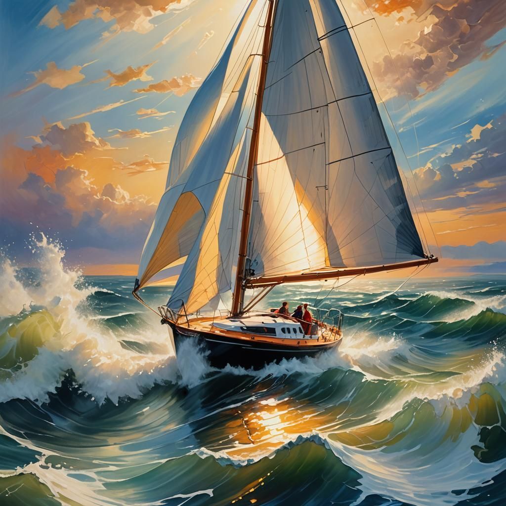 Yacht Sails on Calm Ocean: Surreal Oil Painting