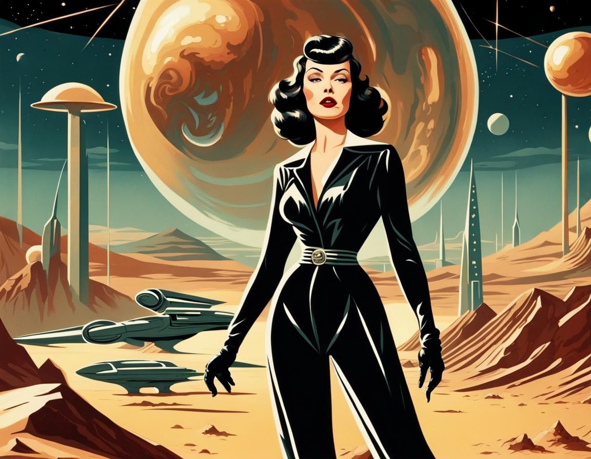 Art Deco Retro-Futuristic Pin-Up Girl on Alien Planet