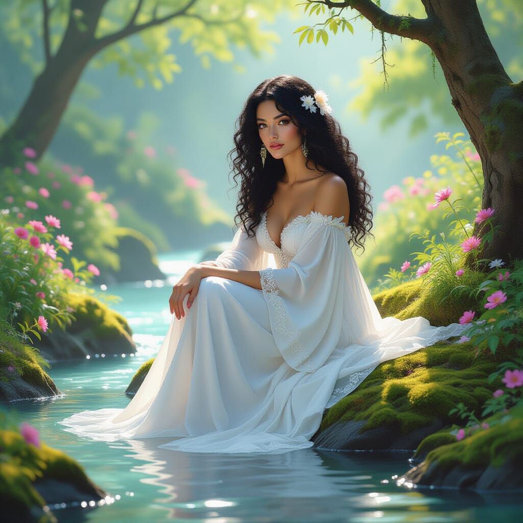 Ethereal Woman with Silver Hair by Stream