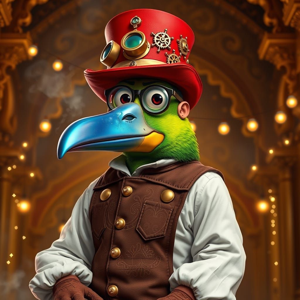 Steampunk Inventor Rides Majestic Duckbill King in Vibrant I...